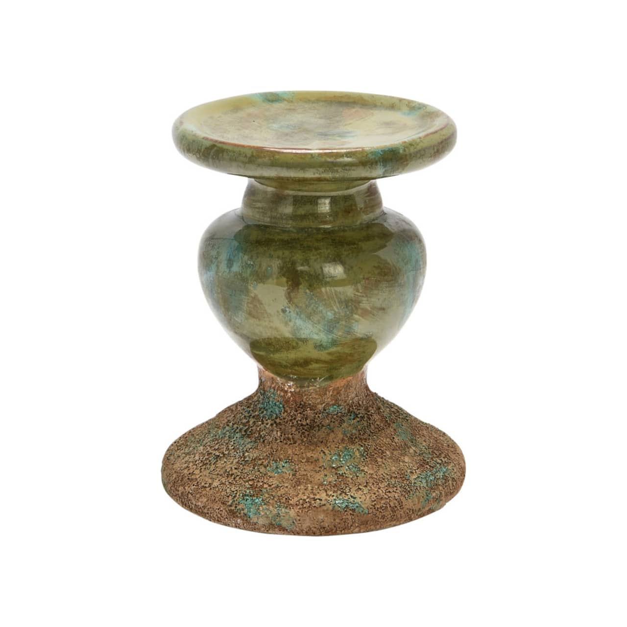 Hello Honey® Distressed Green 2-Tone Sculptural Terracotta Pillar Candle Holder